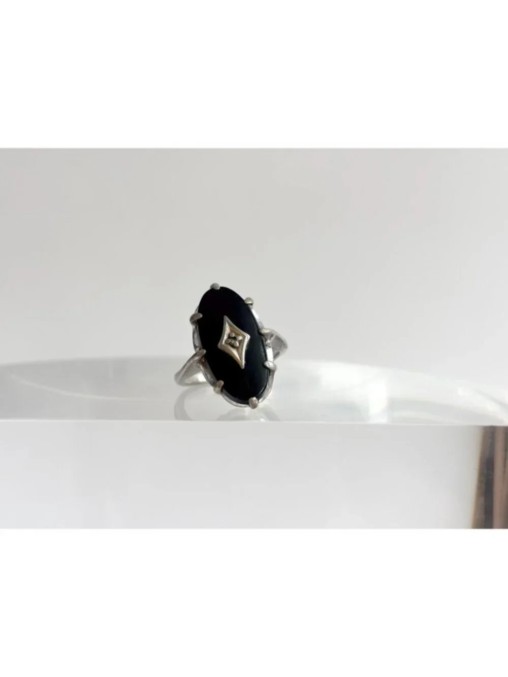 Art Deco Black Onyx Gemstone Oval Sterling Silver 925 Vintage Ring - sz 7